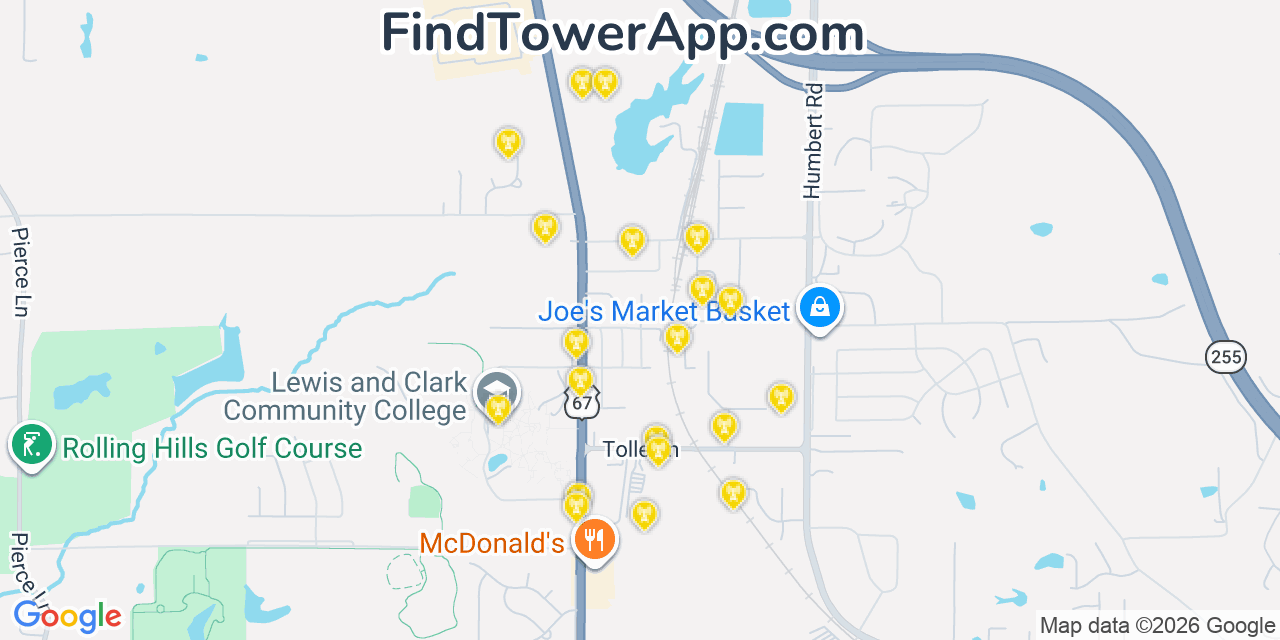 Map showing the 20 primary cell tower locations detected in Godfrey, Illinois from AT&T, Verizon, and T-Mobile networks
