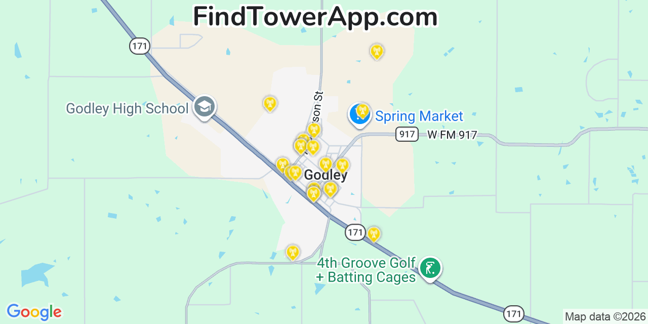 Map showing the 20 primary cell tower locations detected in Godley, Texas from AT&T, Verizon, and T-Mobile networks