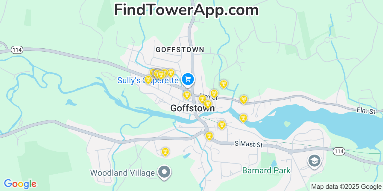 Map showing the 20 primary cell tower locations detected in Goffstown, New Hampshire from AT&T, Verizon, and T-Mobile networks