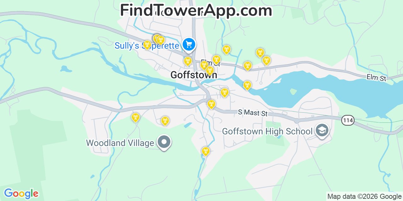 Map showing the 20 primary cell tower locations detected in Goffstown, New Hampshire from AT&T, Verizon, and T-Mobile networks