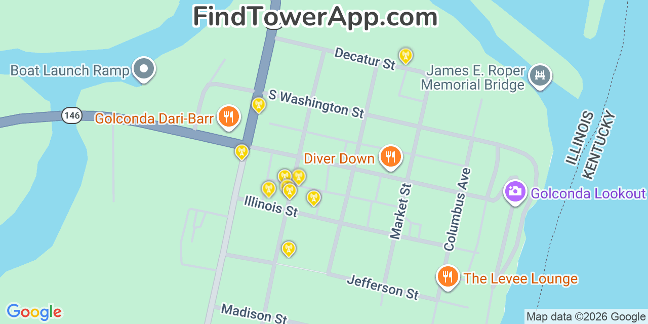 Map showing the 20 primary cell tower locations detected in Golconda, Illinois from AT&T, Verizon, and T-Mobile networks