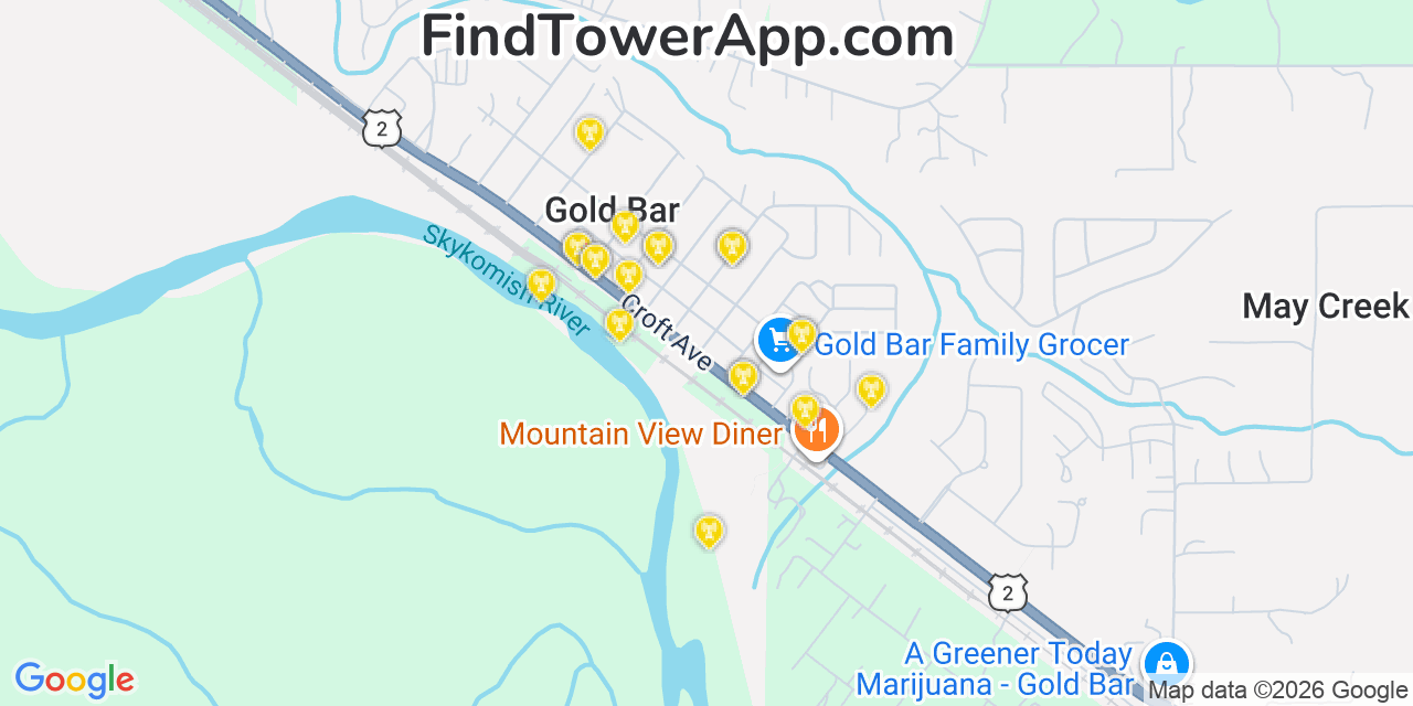 Map showing the 20 primary cell tower locations detected in Gold Bar, Washington from AT&T, Verizon, and T-Mobile networks
