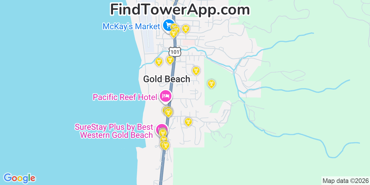 Map showing the 20 primary cell tower locations detected in Gold Beach, Oregon from AT&T, Verizon, and T-Mobile networks