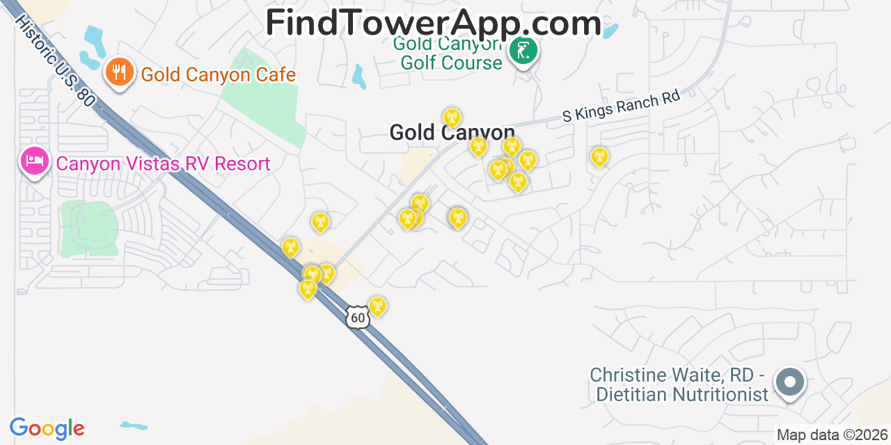 Map showing the 20 primary cell tower locations detected in Gold Camp, Arizona from AT&T, Verizon, and T-Mobile networks