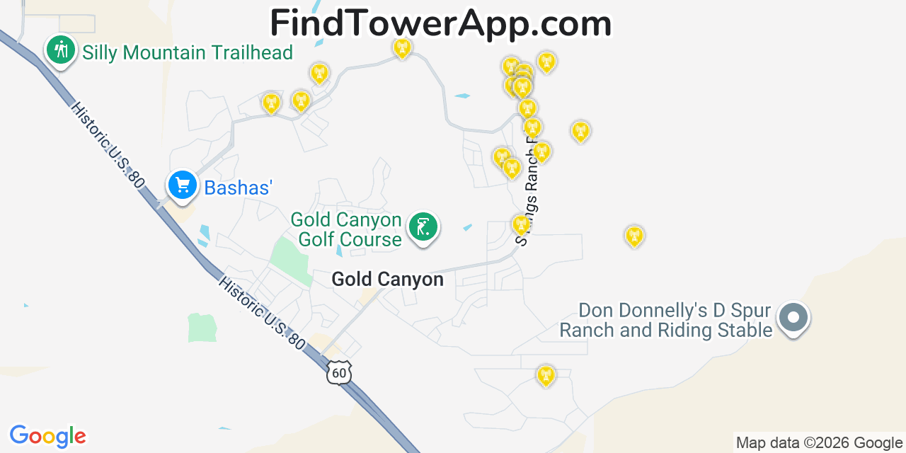 Map showing the 20 primary cell tower locations detected in Gold Canyon, Arizona from AT&T, Verizon, and T-Mobile networks