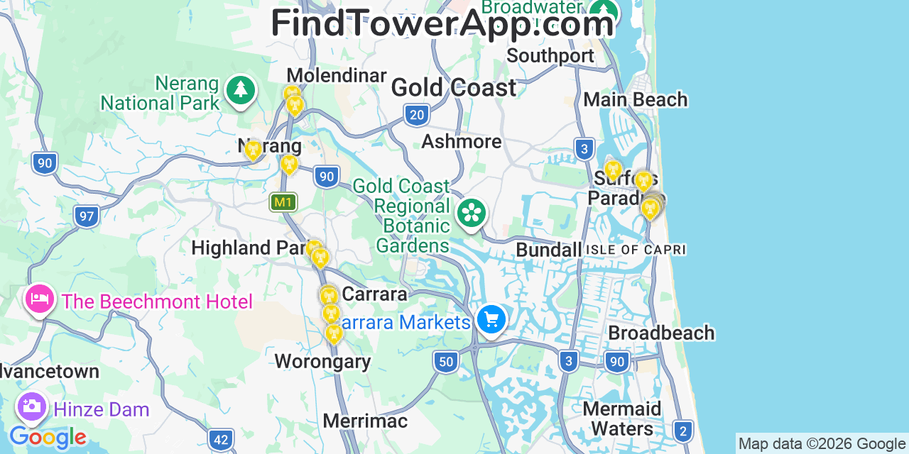 Map showing the 20 primary Clermont Coal cell tower locations in Gold Coast, Australia