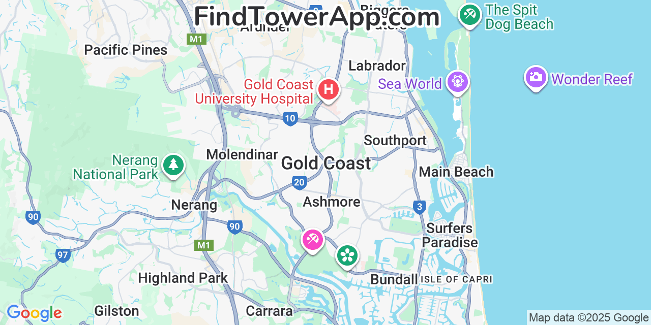 Map showing the 0 primary Clermont-Coal-Operations-Pty cell tower locations detected in Gold Coast, Australia with coverage radius and signal strength indicators