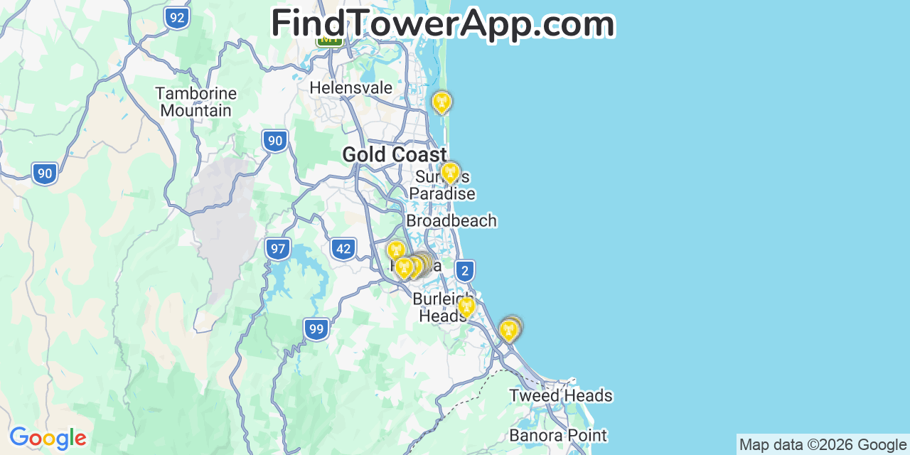 Map showing the 28 primary Pilbara Iron cell tower locations in Gold Coast, Australia