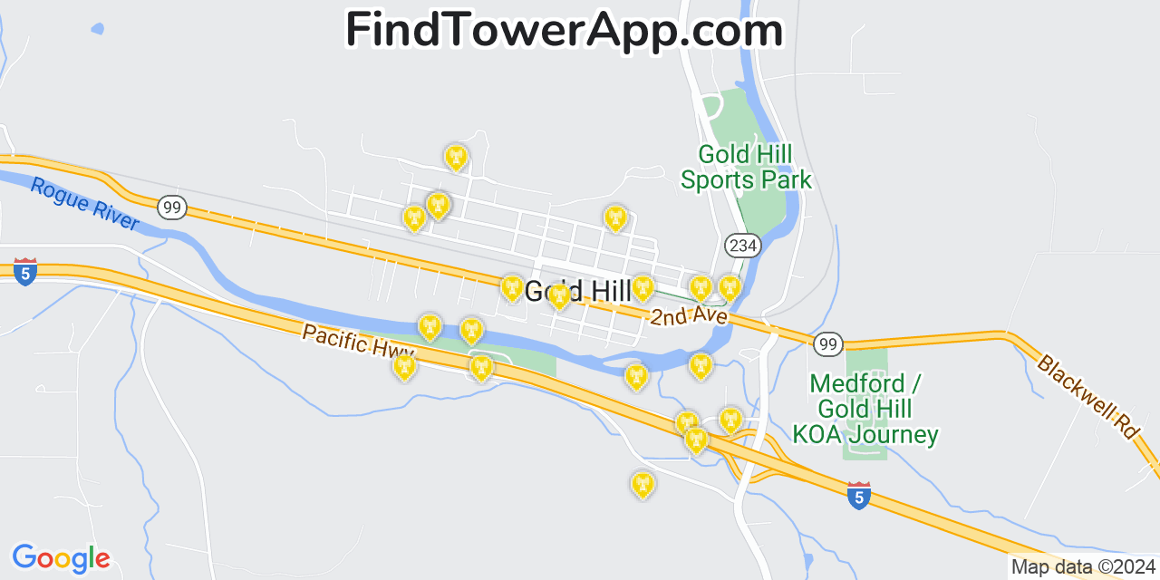 AT&T 4G/5G cell tower coverage map Gold Hill, Oregon