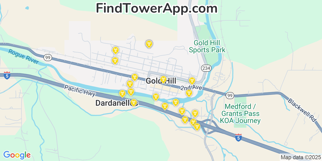 Map showing the 20 primary cell tower locations detected in Gold Hill, Oregon from AT&T, Verizon, and T-Mobile networks