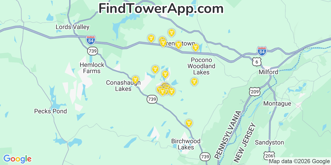 Map showing the 20 primary cell tower locations detected in Gold Key Lake, Pennsylvania from AT&T, Verizon, and T-Mobile networks