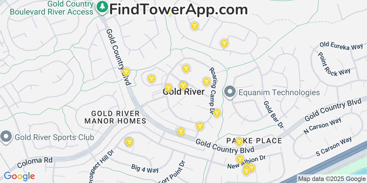 Map showing the 20 primary cell tower locations detected in Gold River, California from AT&T, Verizon, and T-Mobile networks