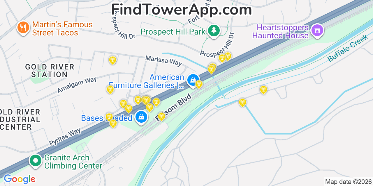 Map showing the 20 primary cell tower locations detected in Gold River, California from AT&T, Verizon, and T-Mobile networks