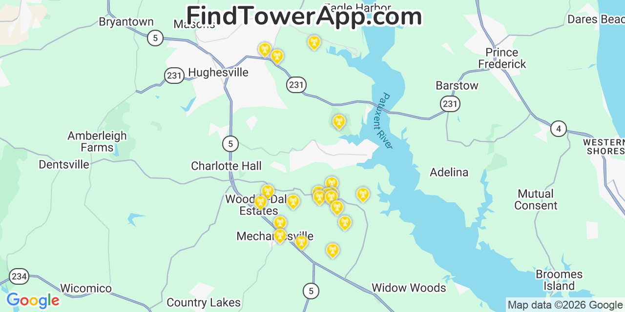 Map showing the 20 primary cell tower locations detected in Golden Beach, Maryland from AT&T, Verizon, and T-Mobile networks