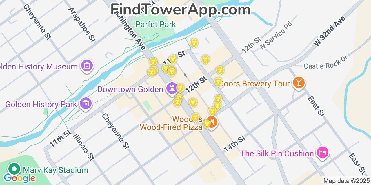 Map showing the 20 primary cell tower locations detected in Golden, Colorado from AT&T, Verizon, and T-Mobile networks