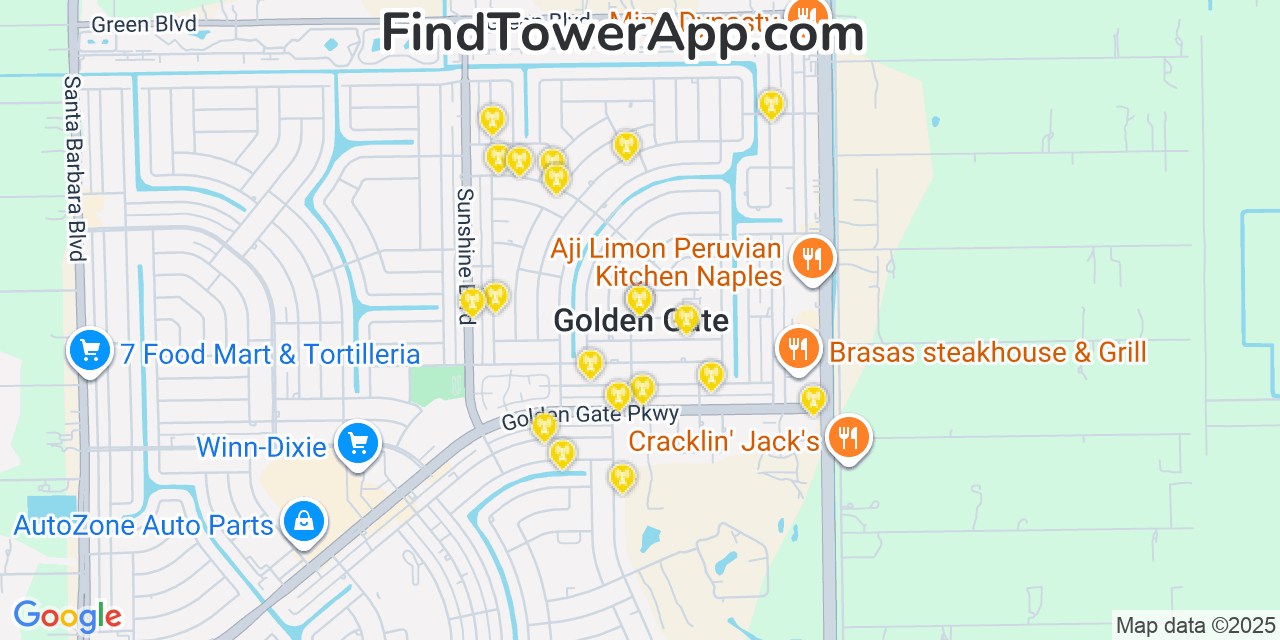Map showing the 20 primary cell tower locations detected in Golden Gate, Florida from AT&T, Verizon, and T-Mobile networks