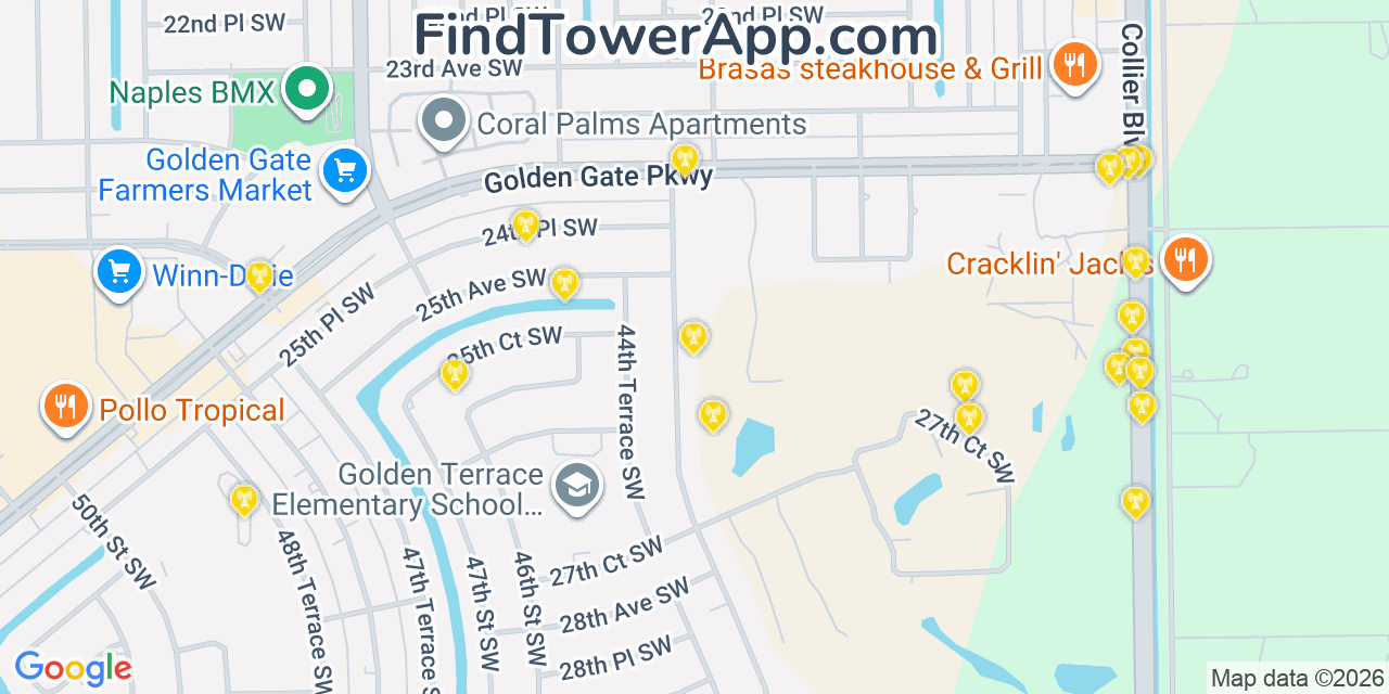 Map showing the 20 primary cell tower locations detected in Golden Gate, Florida from AT&T, Verizon, and T-Mobile networks