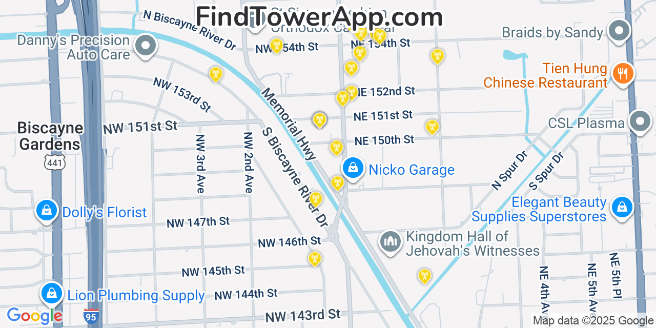 Map showing the 20 primary cell tower locations detected in Golden Glades, Florida from AT&T, Verizon, and T-Mobile networks