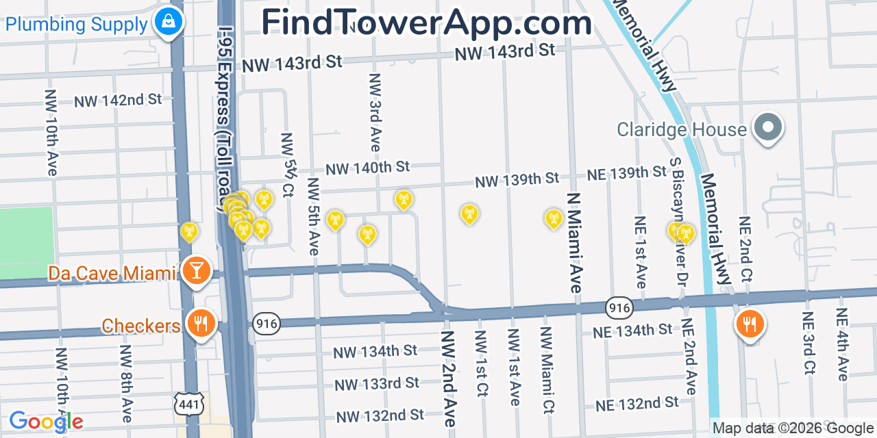 Map showing the 20 primary cell tower locations detected in Golden Glades, Florida from AT&T, Verizon, and T-Mobile networks