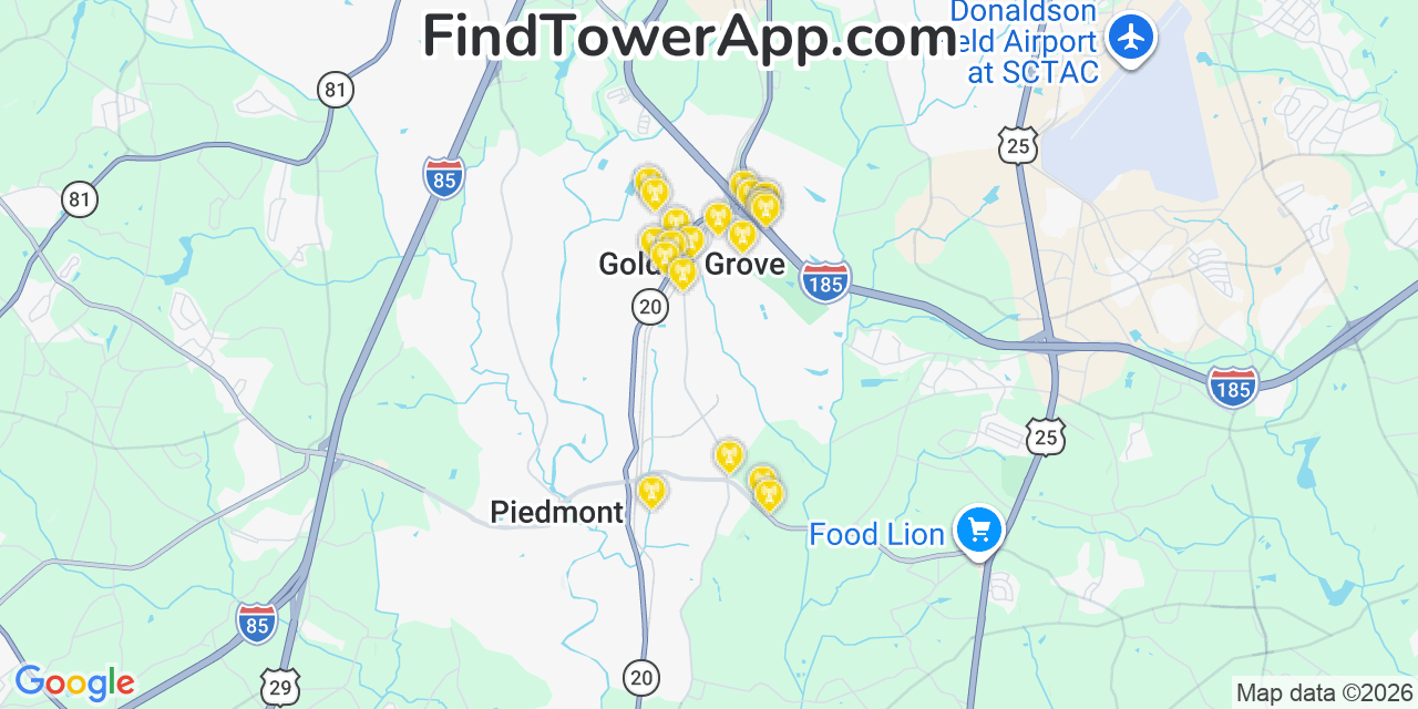Map showing the 20 primary cell tower locations detected in Golden Grove, South Carolina from AT&T, Verizon, and T-Mobile networks