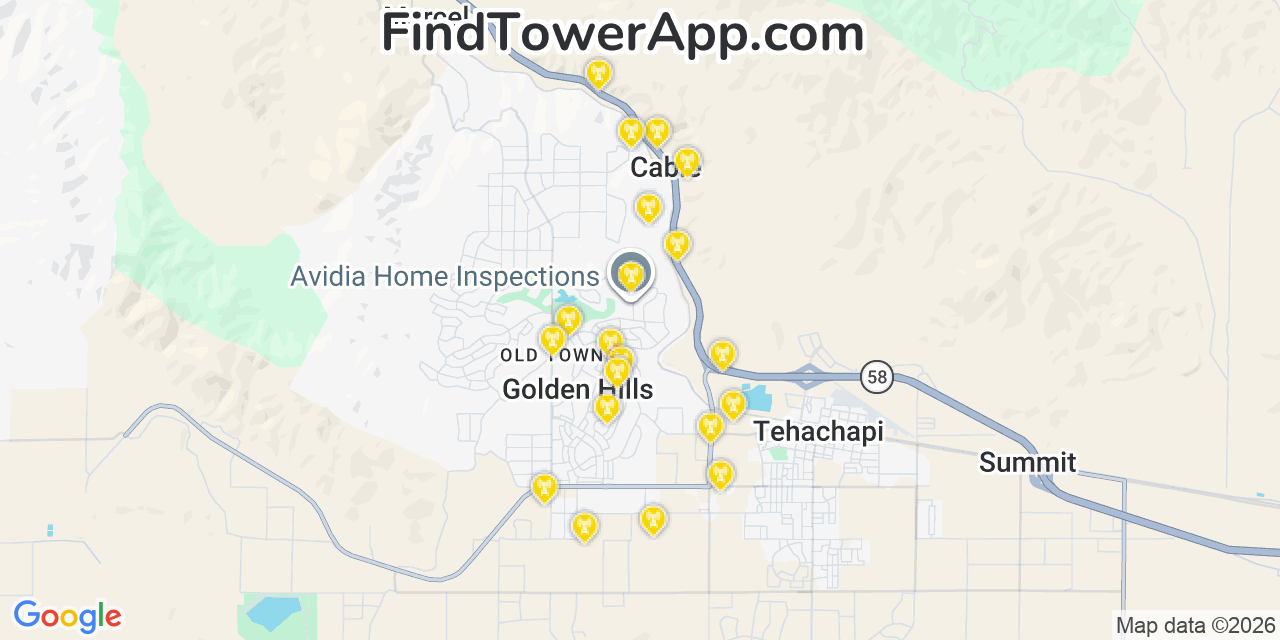 Map showing the 20 primary cell tower locations detected in Golden Hills, California from AT&T, Verizon, and T-Mobile networks