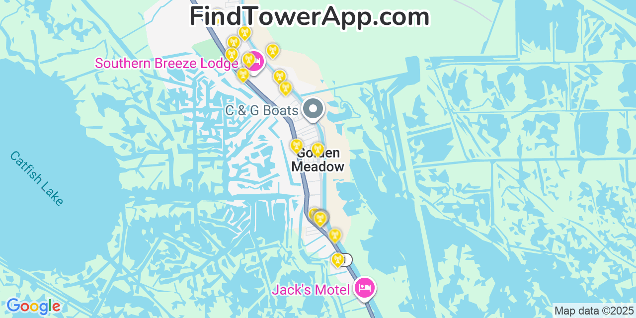 Map showing the 20 primary cell tower locations detected in Golden Meadow, Louisiana from AT&T, Verizon, and T-Mobile networks