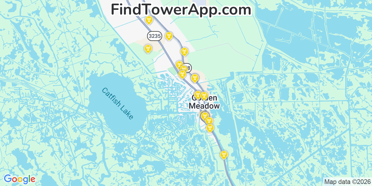 Map showing the 20 primary cell tower locations detected in Golden Meadow, Louisiana from AT&T, Verizon, and T-Mobile networks