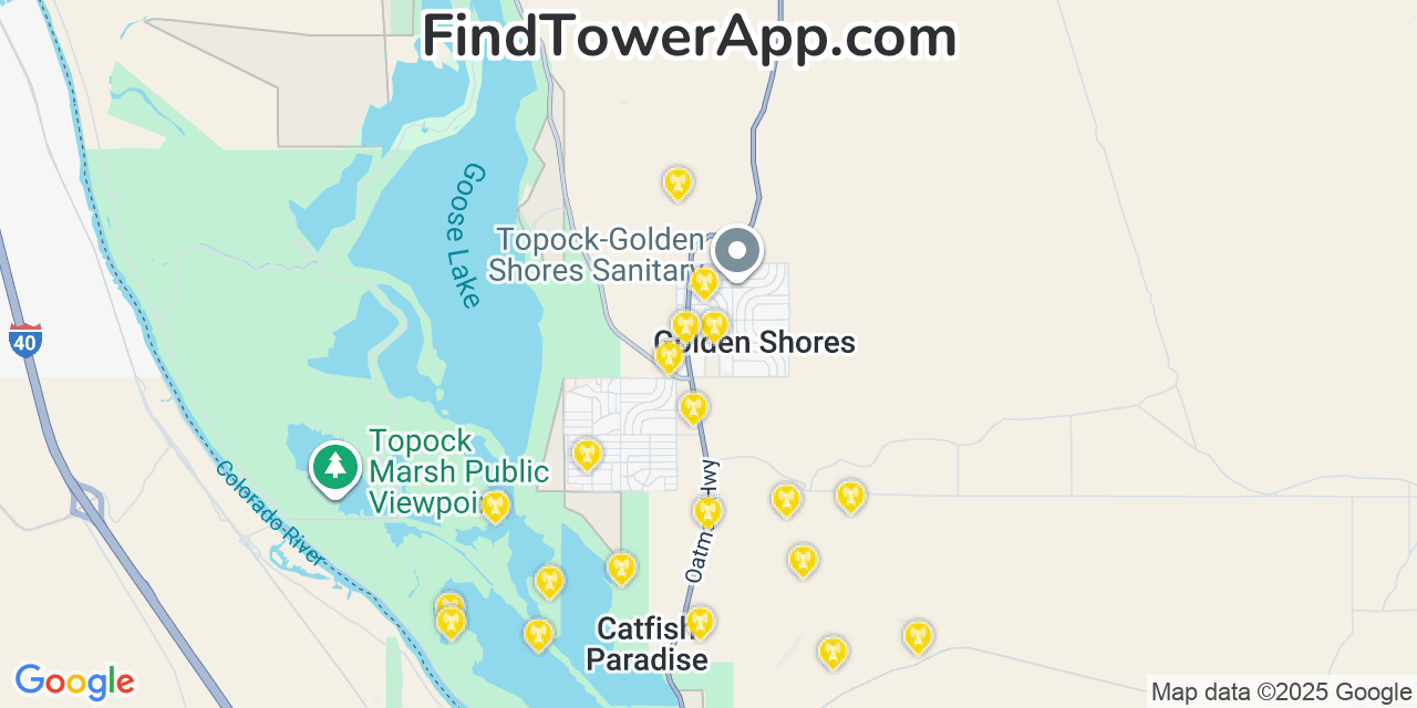 Map showing the 20 primary cell tower locations detected in Golden Shores, Arizona from AT&T, Verizon, and T-Mobile networks
