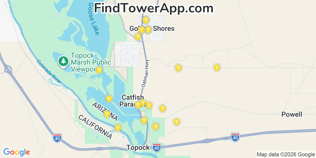 Map showing the 20 primary cell tower locations detected in Golden Shores, Arizona from AT&T, Verizon, and T-Mobile networks