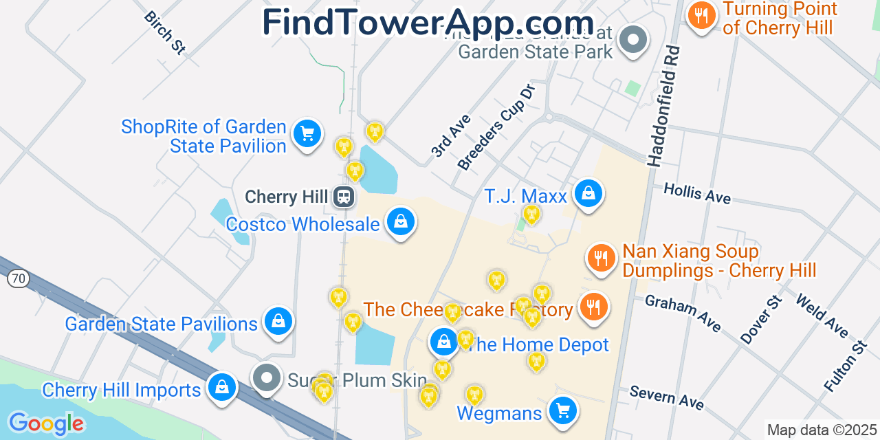 Map showing the 20 primary cell tower locations detected in Golden Triangle, New Jersey from AT&T, Verizon, and T-Mobile networks