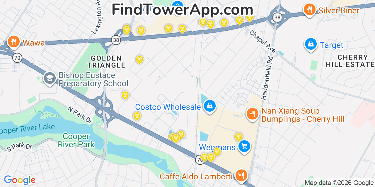 Map showing the 20 primary cell tower locations detected in Golden Triangle, New Jersey from AT&T, Verizon, and T-Mobile networks