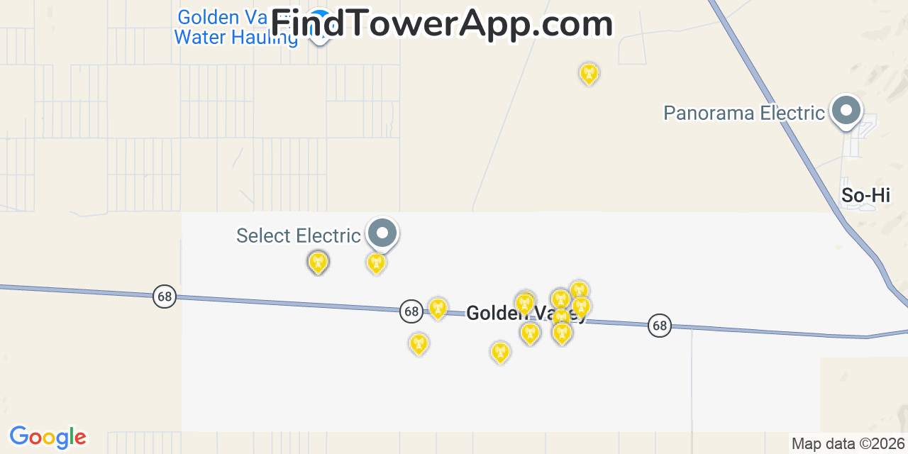 Map showing the 20 primary cell tower locations detected in Golden Valley, Arizona from AT&T, Verizon, and T-Mobile networks