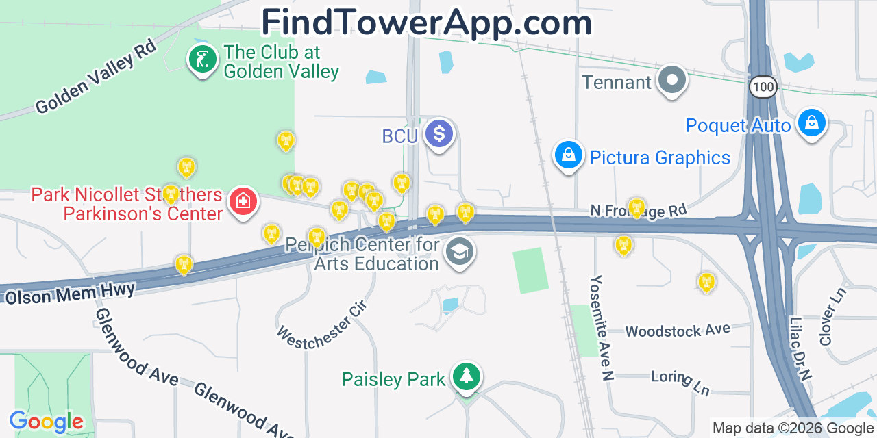Map showing the 20 primary cell tower locations detected in Golden Valley, Minnesota from AT&T, Verizon, and T-Mobile networks