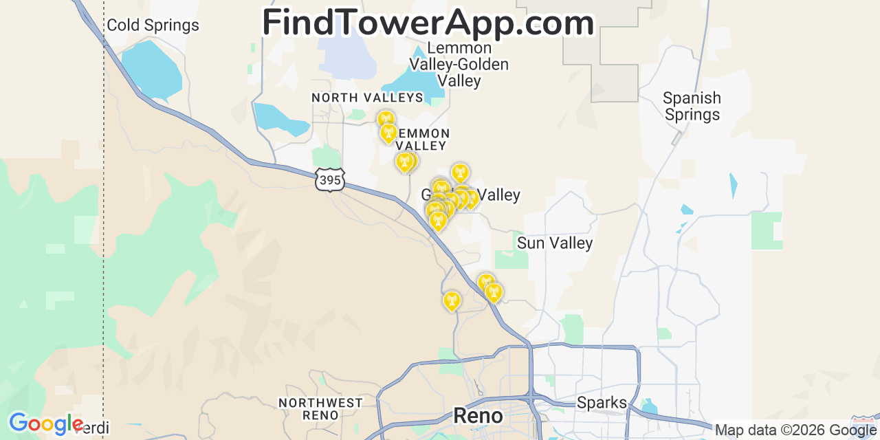 Map showing the 20 primary cell tower locations detected in Golden Valley, Nevada from AT&T, Verizon, and T-Mobile networks