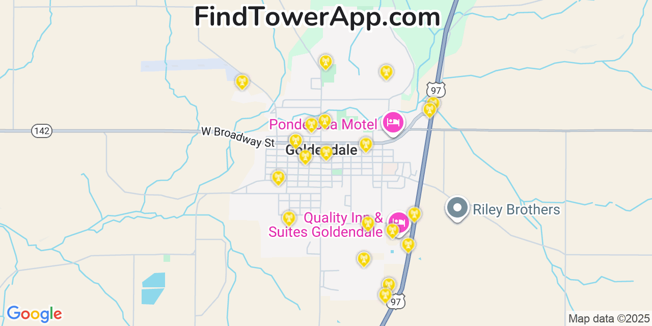 Map showing the 20 primary cell tower locations detected in Goldendale, Washington from AT&T, Verizon, and T-Mobile networks