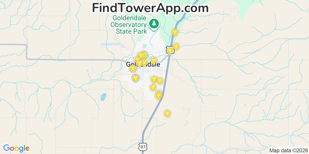 Map showing the 20 primary cell tower locations detected in Goldendale, Washington from AT&T, Verizon, and T-Mobile networks