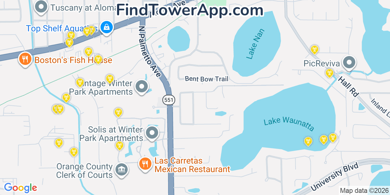 Map showing the 20 primary cell tower locations detected in Goldenrod, Florida from AT&T, Verizon, and T-Mobile networks