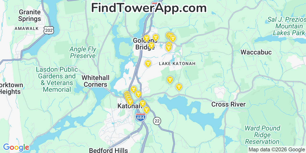 Map showing the 20 primary cell tower locations detected in Goldens Bridge, New York from AT&T, Verizon, and T-Mobile networks