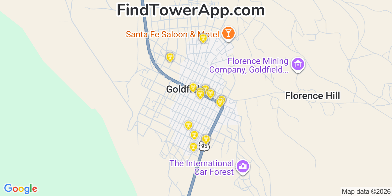 Map showing the 20 primary cell tower locations detected in Goldfield, Nevada from AT&T, Verizon, and T-Mobile networks