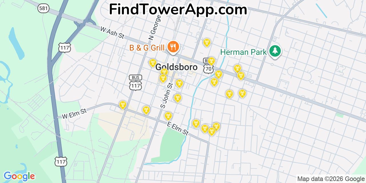 Map showing the 20 primary cell tower locations detected in Goldsboro, North Carolina from AT&T, Verizon, and T-Mobile networks
