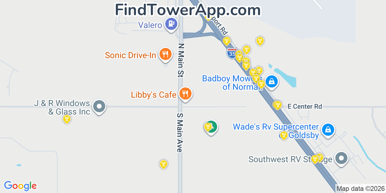 Map showing the 20 primary cell tower locations detected in Goldsby, Oklahoma from AT&T, Verizon, and T-Mobile networks