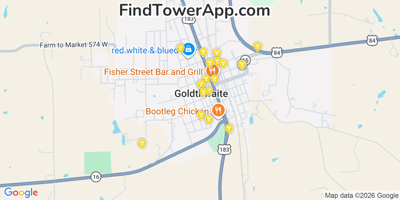 Map showing the 20 primary cell tower locations detected in Goldthwaite, Texas from AT&T, Verizon, and T-Mobile networks