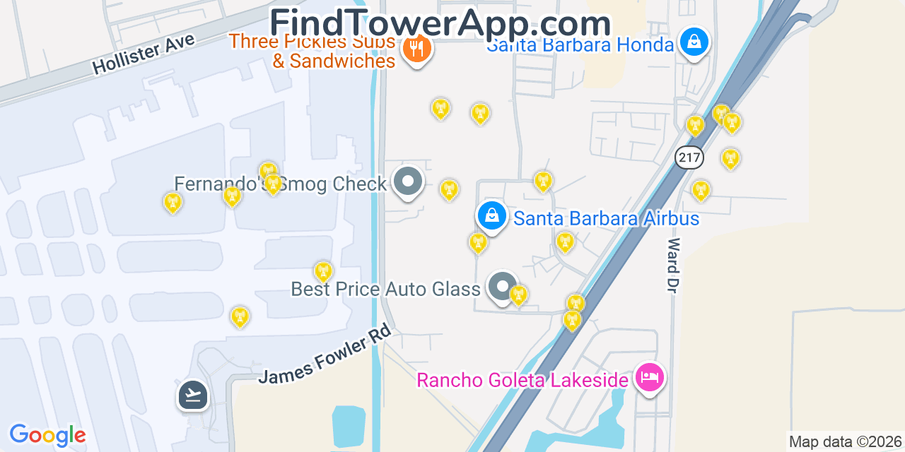 Map showing the 20 primary cell tower locations detected in Goleta, California from AT&T, Verizon, and T-Mobile networks