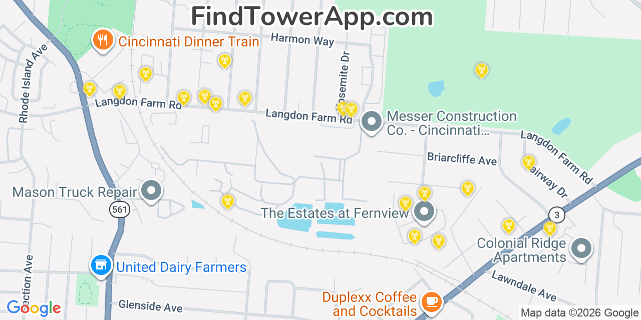 Map showing the 20 primary cell tower locations detected in Golf Manor, Ohio from AT&T, Verizon, and T-Mobile networks