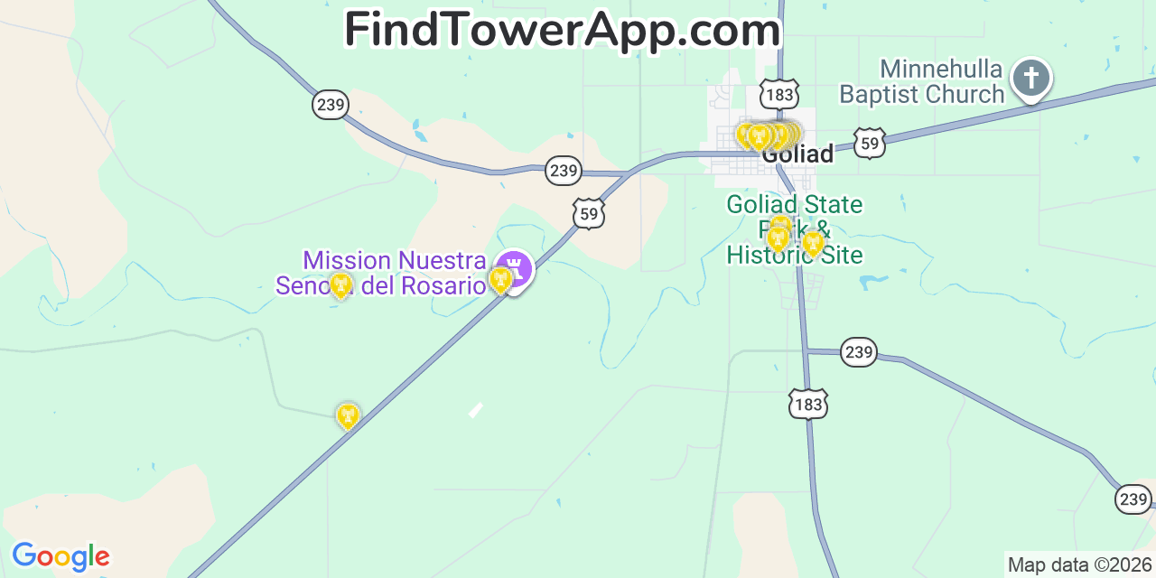 Map showing the 20 primary cell tower locations detected in Goliad, Texas from AT&T, Verizon, and T-Mobile networks