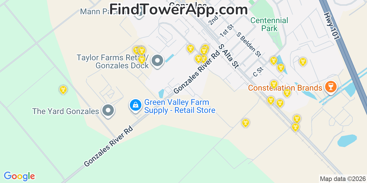 Map showing the 20 primary cell tower locations detected in Gonzales, California from AT&T, Verizon, and T-Mobile networks