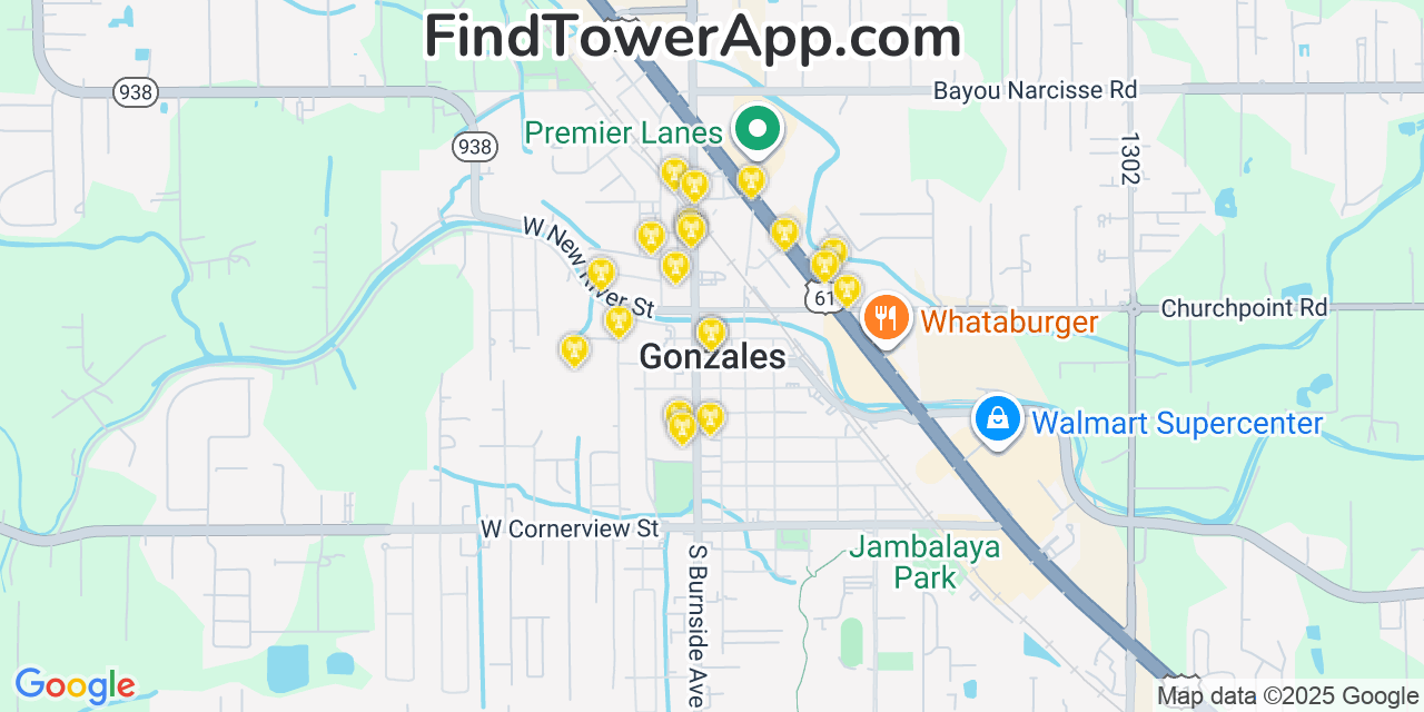 Map showing the 20 primary cell tower locations detected in Gonzales, Louisiana from AT&T, Verizon, and T-Mobile networks