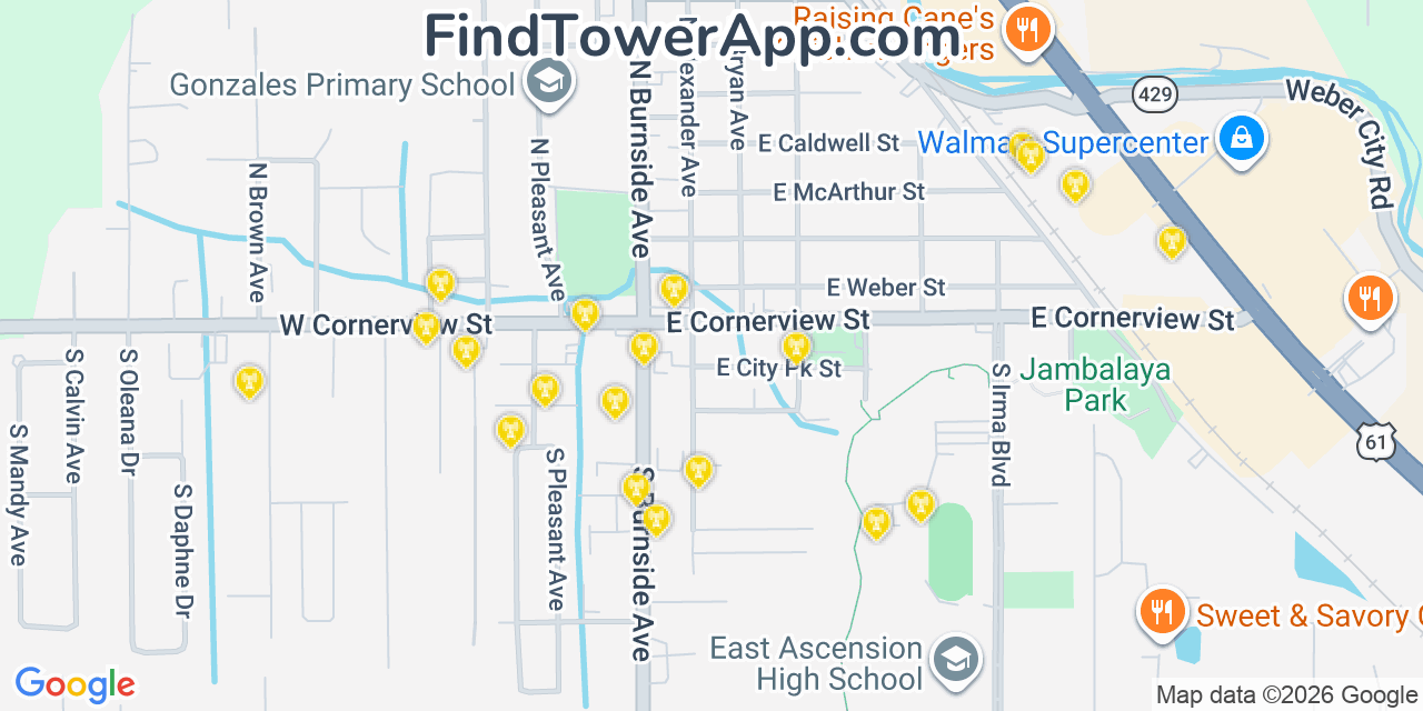 Map showing the 20 primary cell tower locations detected in Gonzales, Louisiana from AT&T, Verizon, and T-Mobile networks