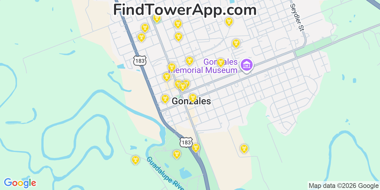 Map showing the 20 primary cell tower locations detected in Gonzales, Texas from AT&T, Verizon, and T-Mobile networks