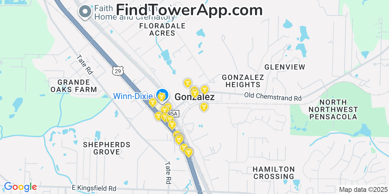 Map showing the 20 primary cell tower locations detected in Gonzalez, Florida from AT&T, Verizon, and T-Mobile networks